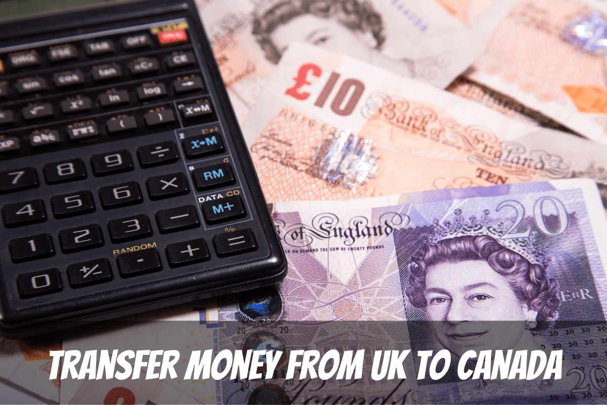 Una calculadora con billetes de libra esterlina británica para transferir dinero del Reino Unido a Canadá