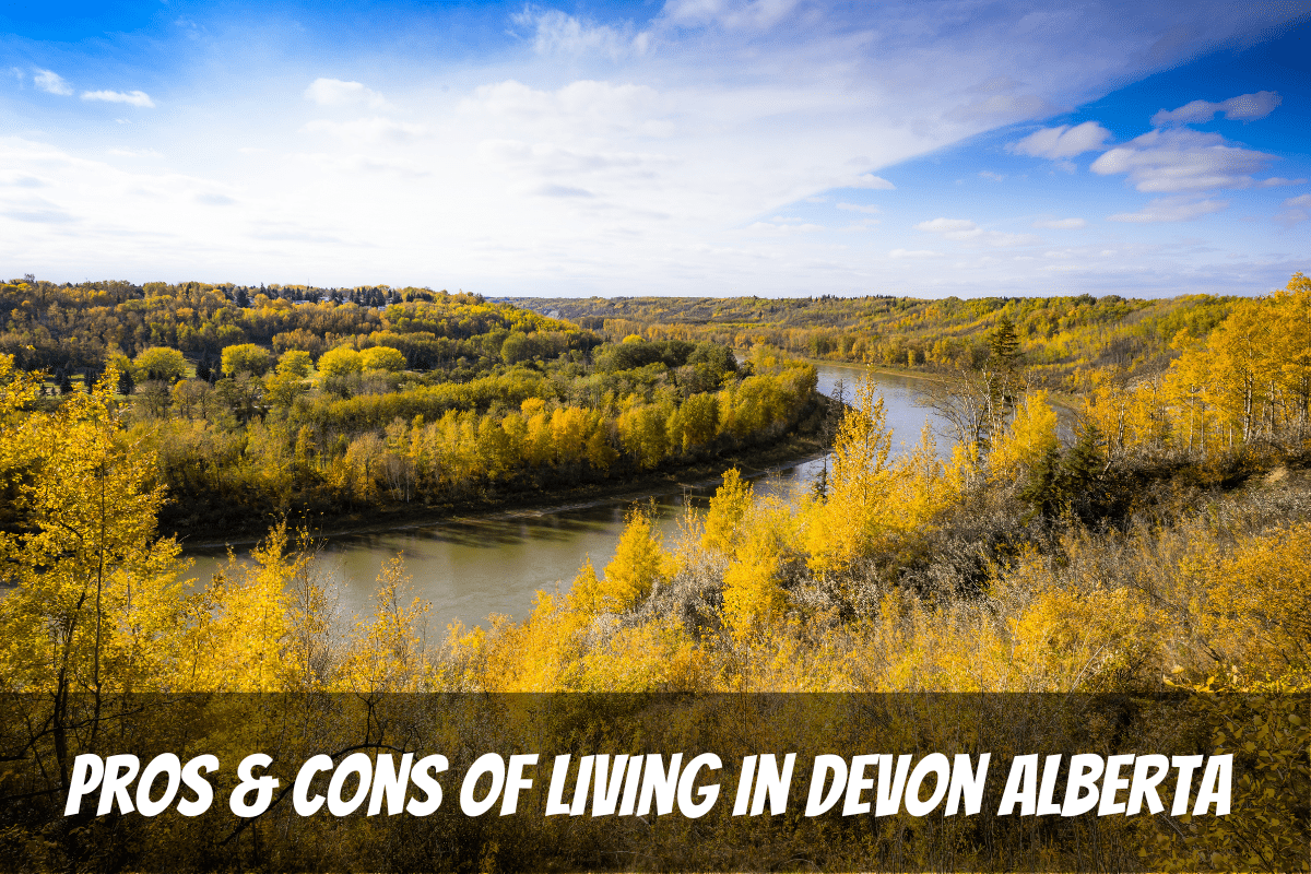 Hermosos árboles en otoño en el río North Saskatchewan Pros y contras de vivir en Devon Alberta Canadá